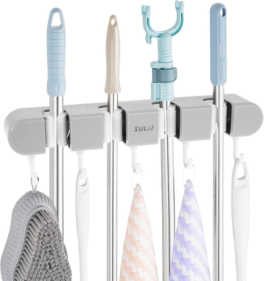 2Pcs Broom Holder Wall Mount, No-Drilling Self-Adhesive Mop and Broom Storage Rack (4 Racks with 5 Hooks),Wall-Mounted Broom Hanger for Bathroom, Kitchen, Closet, Garage, Grey