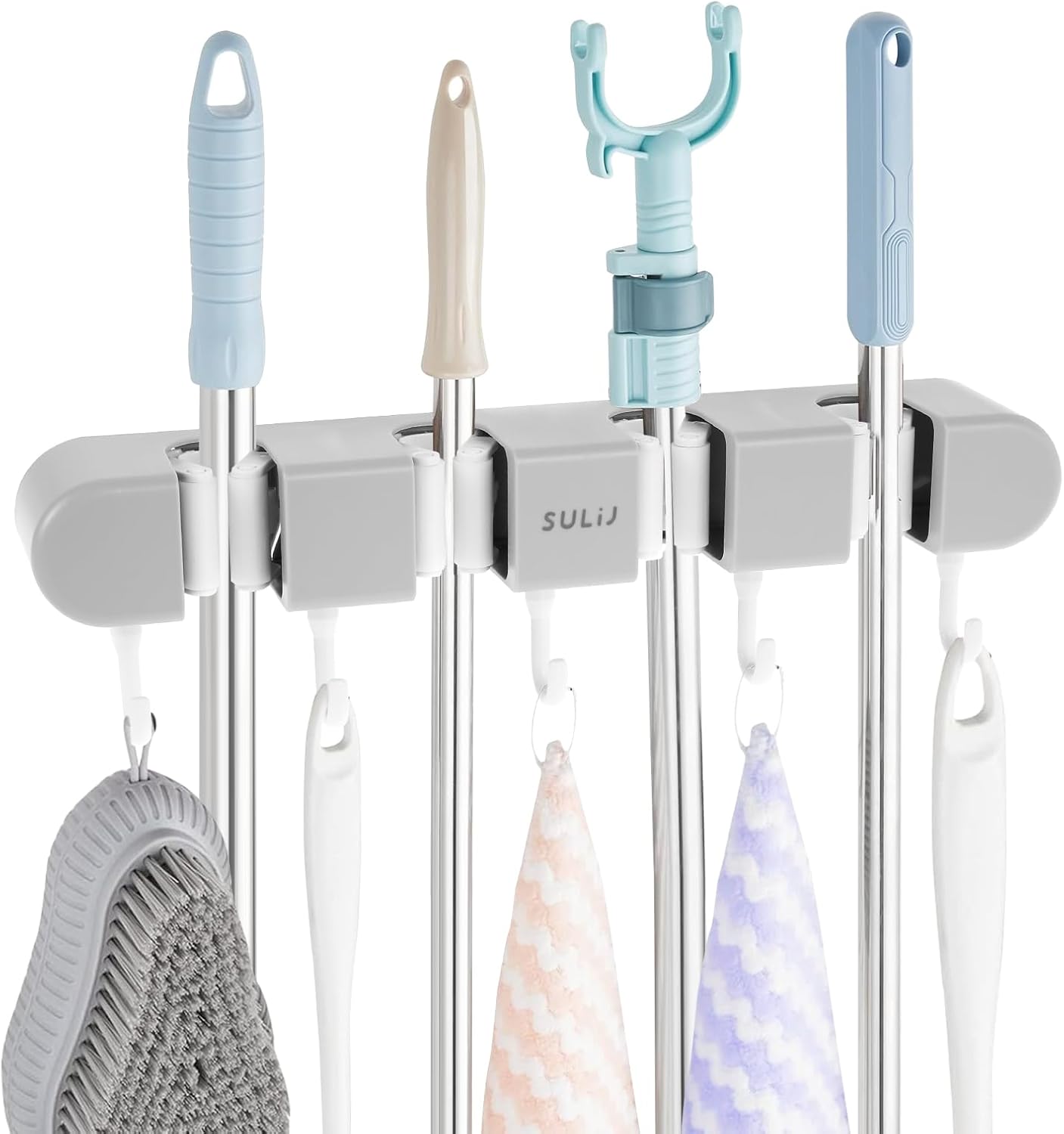 3PCS Broom Holder Wall Mount, No-Drilling Self-Adhesive Mop and Broom Storage Rack (4 Racks with 5 Hooks),Wall-Mounted Broom Hanger for Bathroom, Kitchen, Closet, Garage, Grey