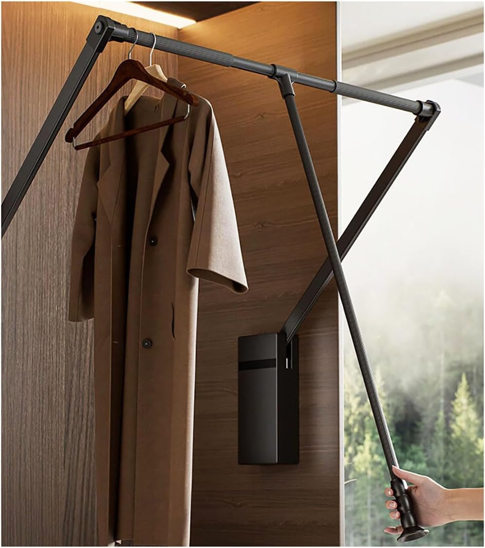 Pull Down Closet Rod for Hanging Clothes, Retractable Wardrobe Hanger for Cabinet Inside Width 21.6"~26", Aluminium alloy Tubing with Plastic Housing, 44 lb Weight Rating