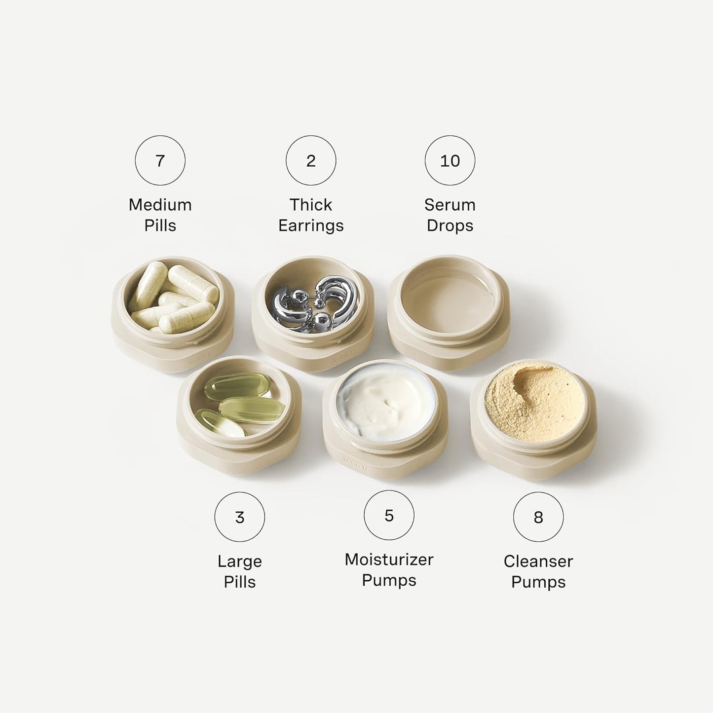 Cadence Travel Containers Basic Skincare Set - Magnetic Containers with Lids,Carry On Travel Essentials For Women/Men - 3 Small Capsules (0.56oz) - Cleanser, Moisturizer & Sun-Icon Labels - Sand