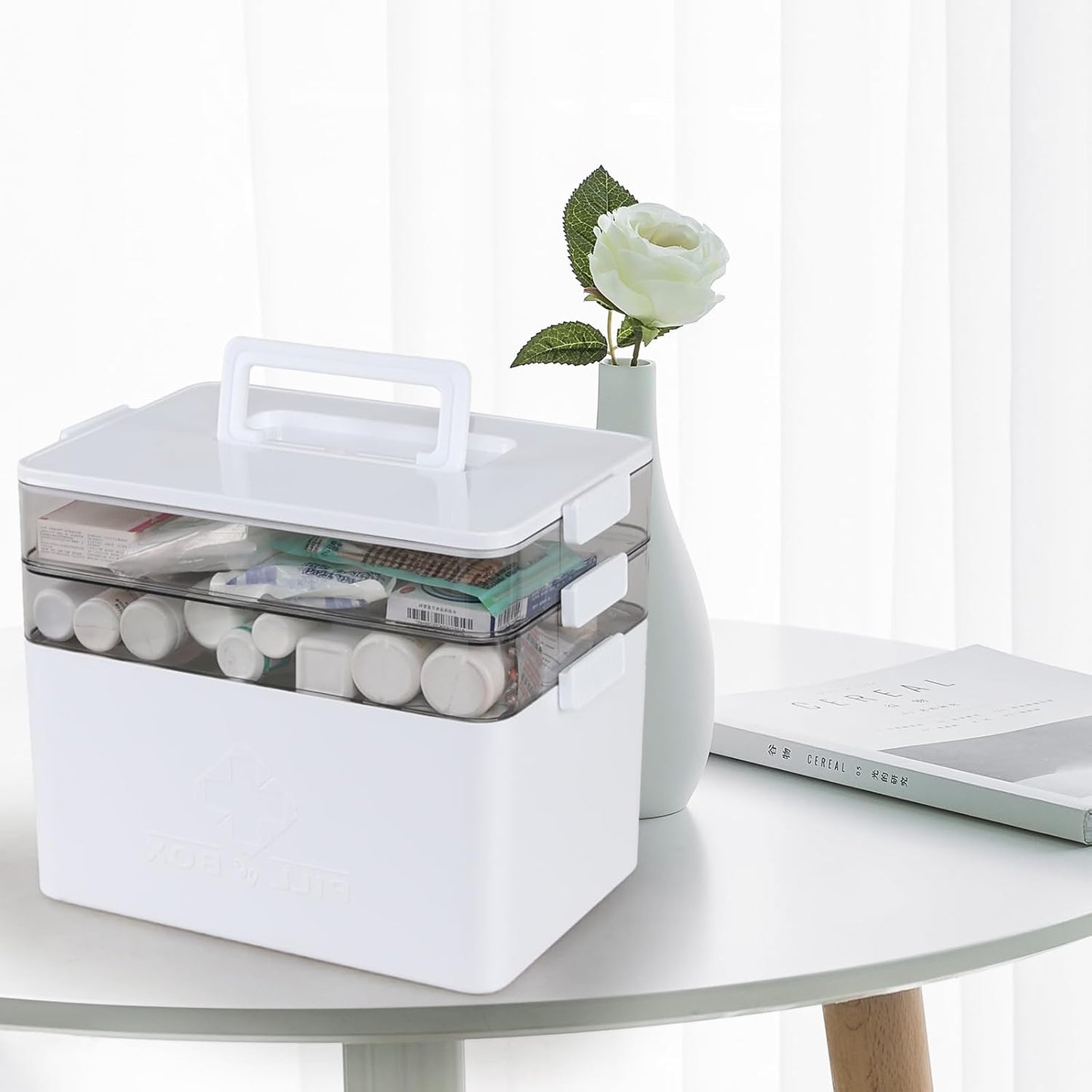 Ramddy 3-Tier Medicine Storage Box, Plastic Family First Aid Box with Handle, White, 1-Pack