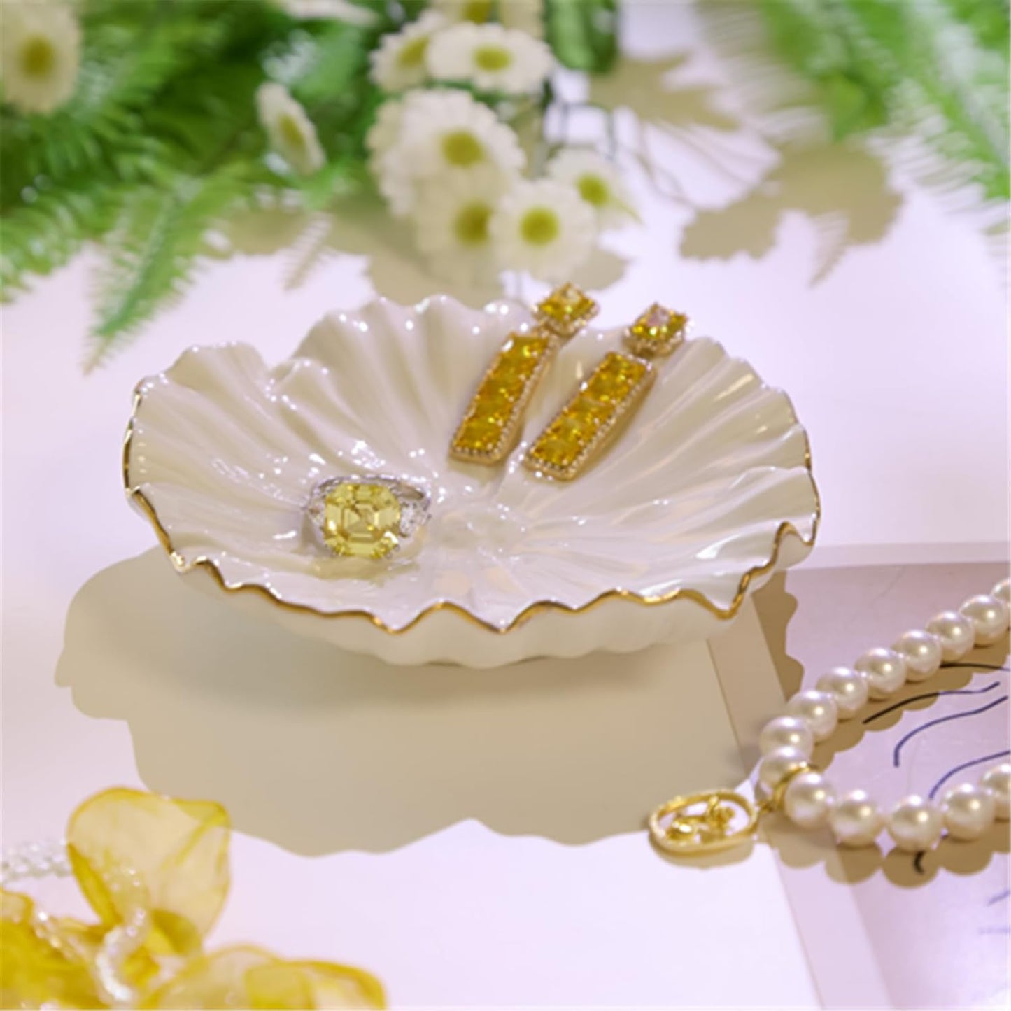 Flower Ring Dish, Ceramic Ring Holder Jewelry Tray Trinket Dish, Fairy Organizer Plate Vanity Decorations, Gifts for Friends Sisters Daughter Mother (White)