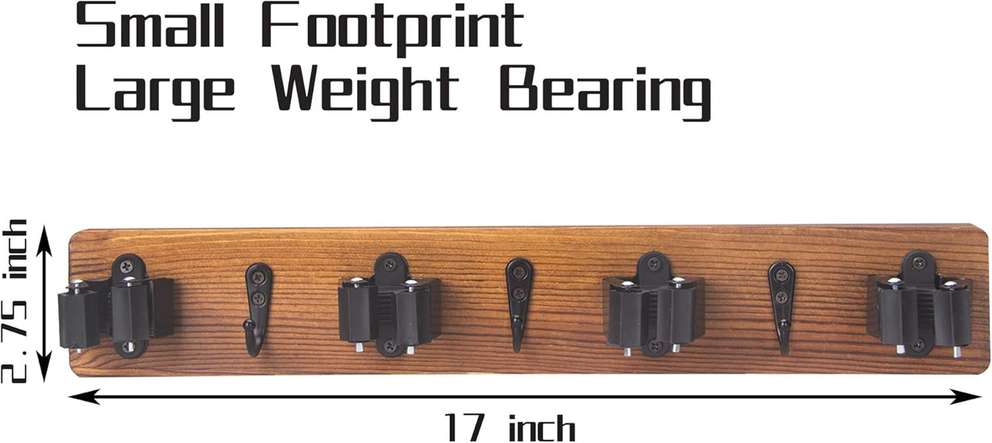 2 Pack Mop and Broom Holder Wall Mount Solid Wood Broom Rack Wall Mount 4 Positions 3 Hooks for Home, Kitchen, Garden, Tools, Garage Organizing, Cleaning Supplies Organizer Indoor Outdoor