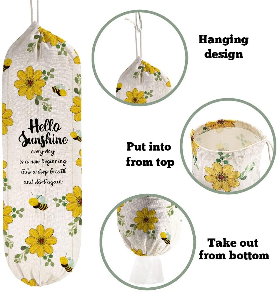 2Pcs Sunflower Plastic Bag Holder for Kitchen Essentials, Reusable Hanging Grocery Bag Organizer, Sunflower Gifts for Women, Washable Large Grocery Trash Bags Storage Dispenser