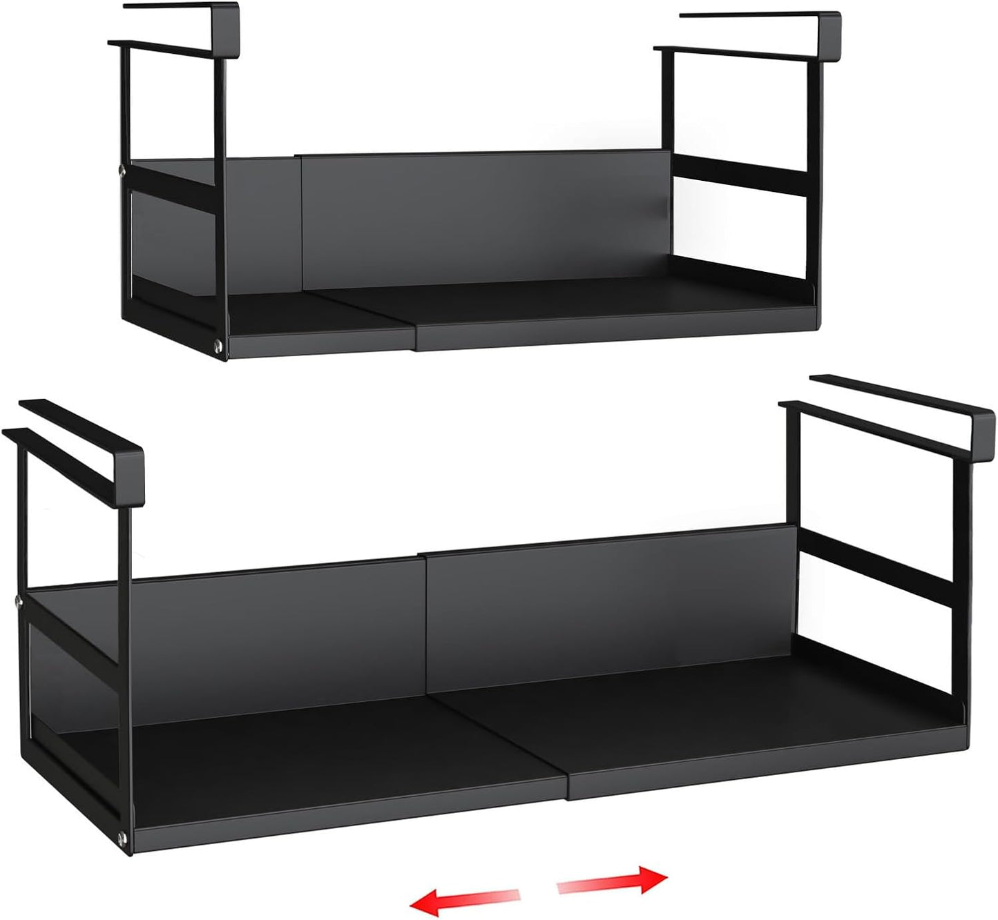 Expandable Under Cabinet Shelf Organizer with 0.94-Inch Thick Clips, Heavy Duty Extendable Under Shelf Storage Basket for Pantry or Laundry Room, Black, 2 Pack, Interior: 5.7" H x 7.2" D
