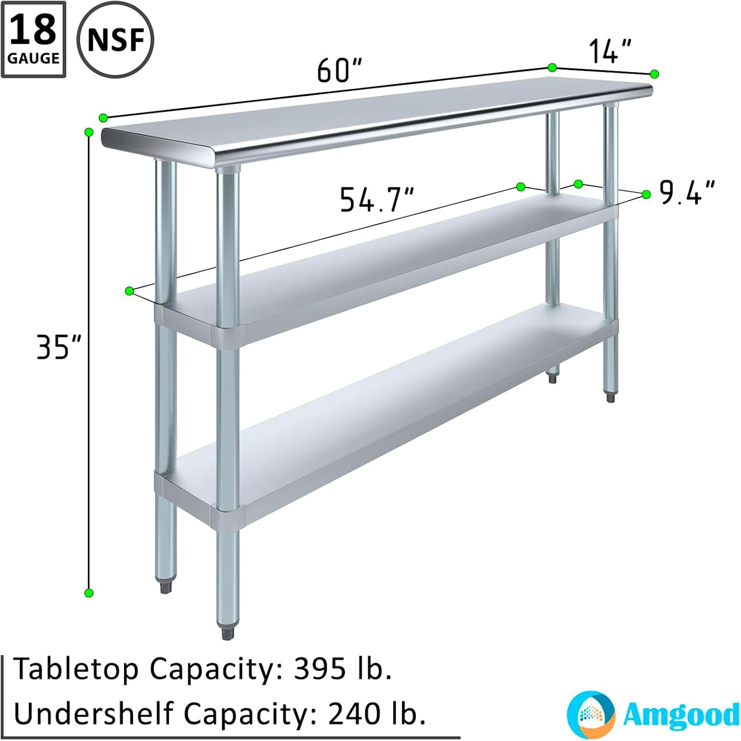 AmGood Stainless Steel Work Table with 2 Shelves | NSF | Metal Utility Table (60" Long x 14" Deep)