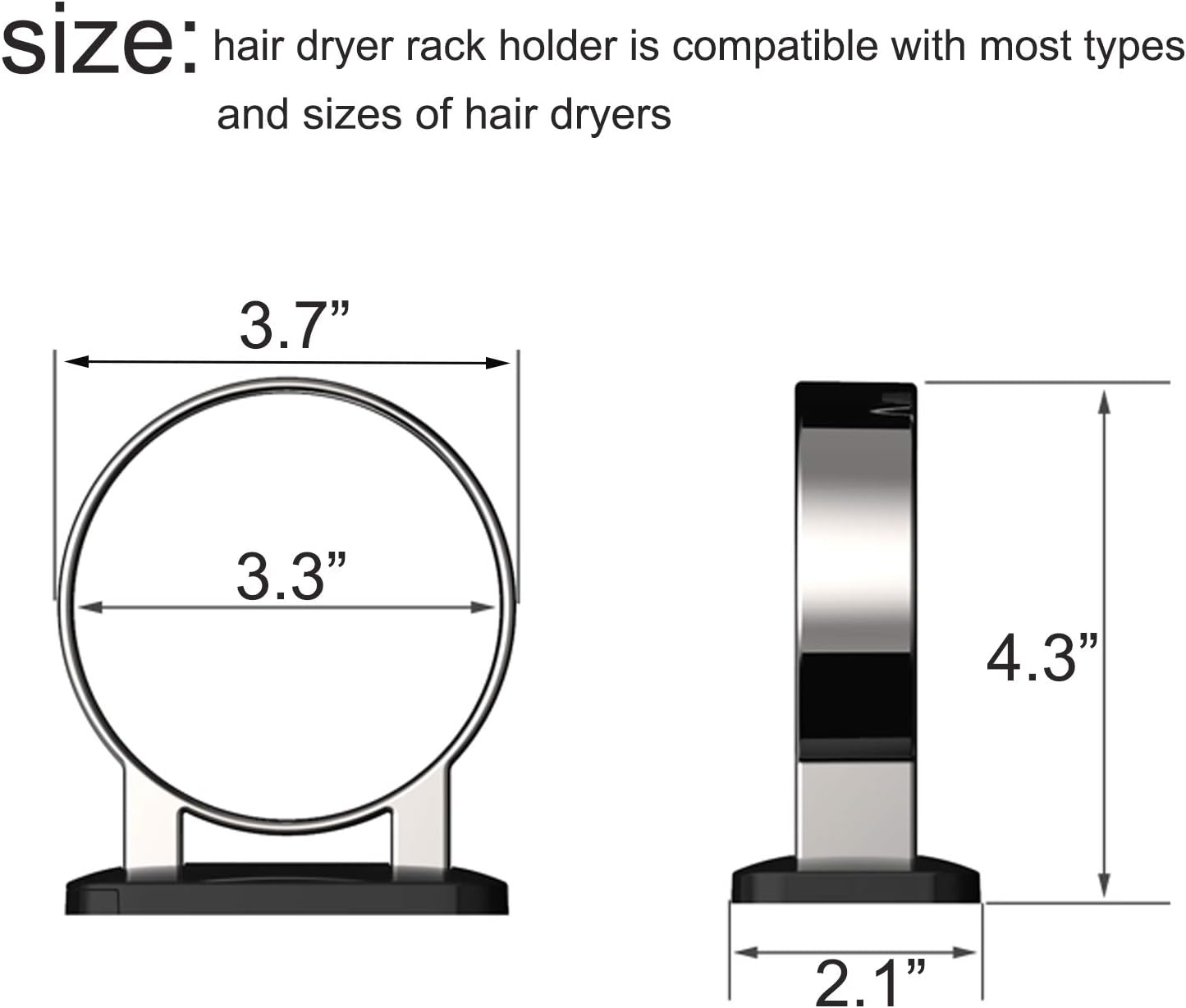 Hair Dryer Holder, Bathroom Cabinet Door Blow Dryer Stand, Blow Dryer Holders Wall Mount - Extra Large Rim (Silver + Black)