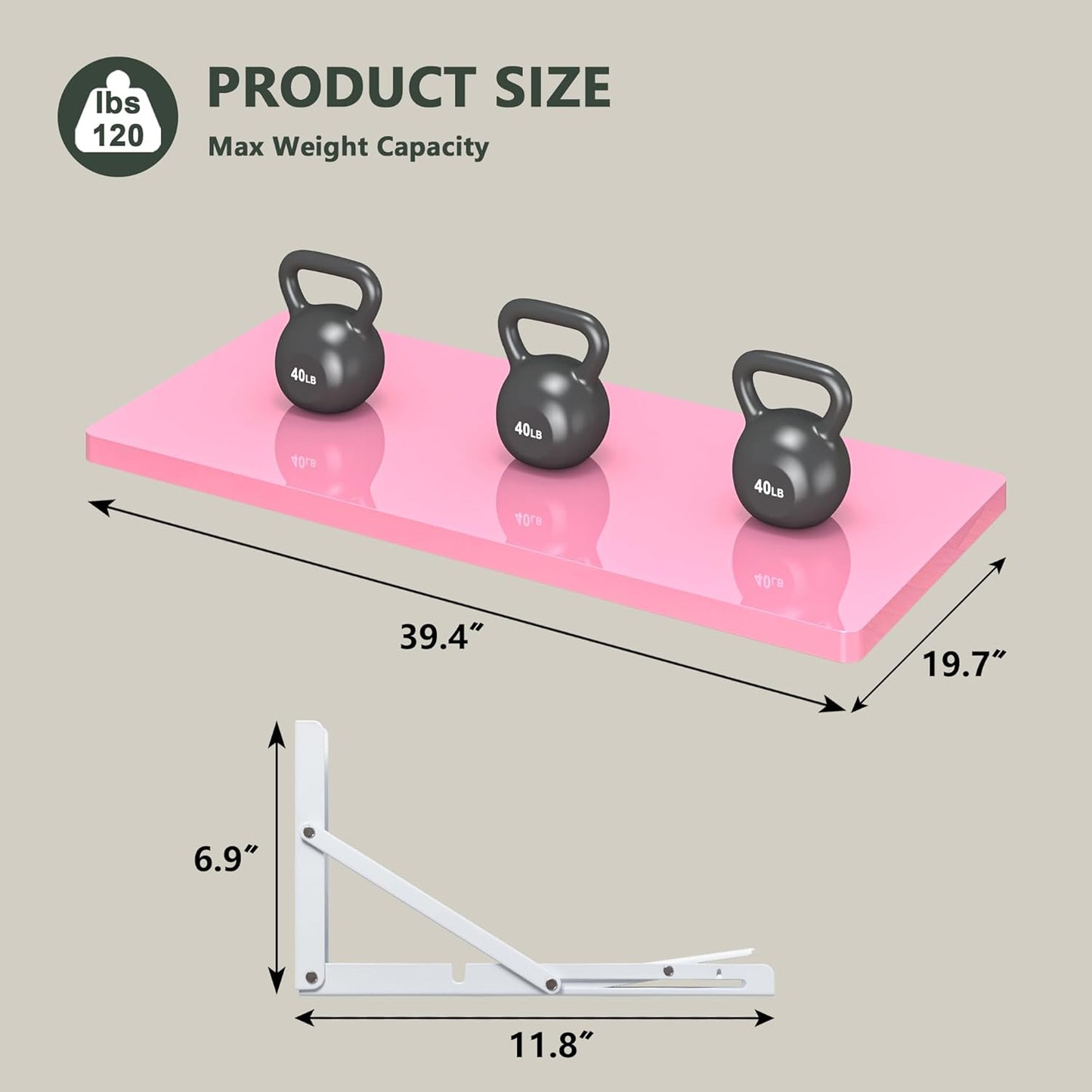 Clikuutory Wall Mounted High Gloss Folding Table, Wall Desk Fold Down for Small Spaces, Folding Workbench for Laundry Room, Home Office, Kitchen, Bedroom, Home Bar, Pink (39.4"×19.7")