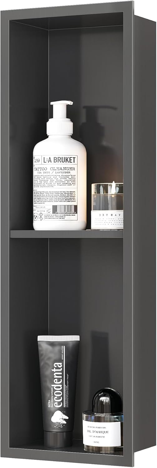 Stainless Steel Shower Niche 24" X 8", No Tile Needed Wall Niche Double Shelves, Recessed Shower Shelf for Bathroom Storage, Gun Metal