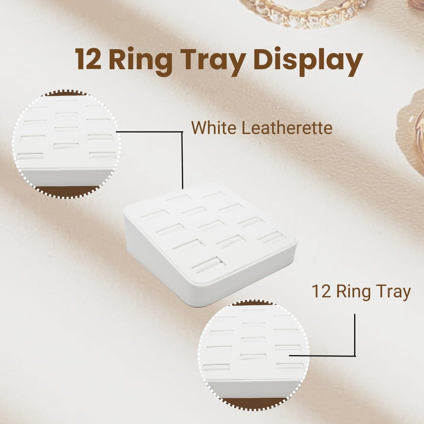 Novel Box 12-Slot White Leatherette Rings/Earrings/Cufflinks Holder Tray 5.75x5x2 Inches - Ring Holder Organizer for Selling or Personal Use - Jewelry Display Trays for Special Occasions