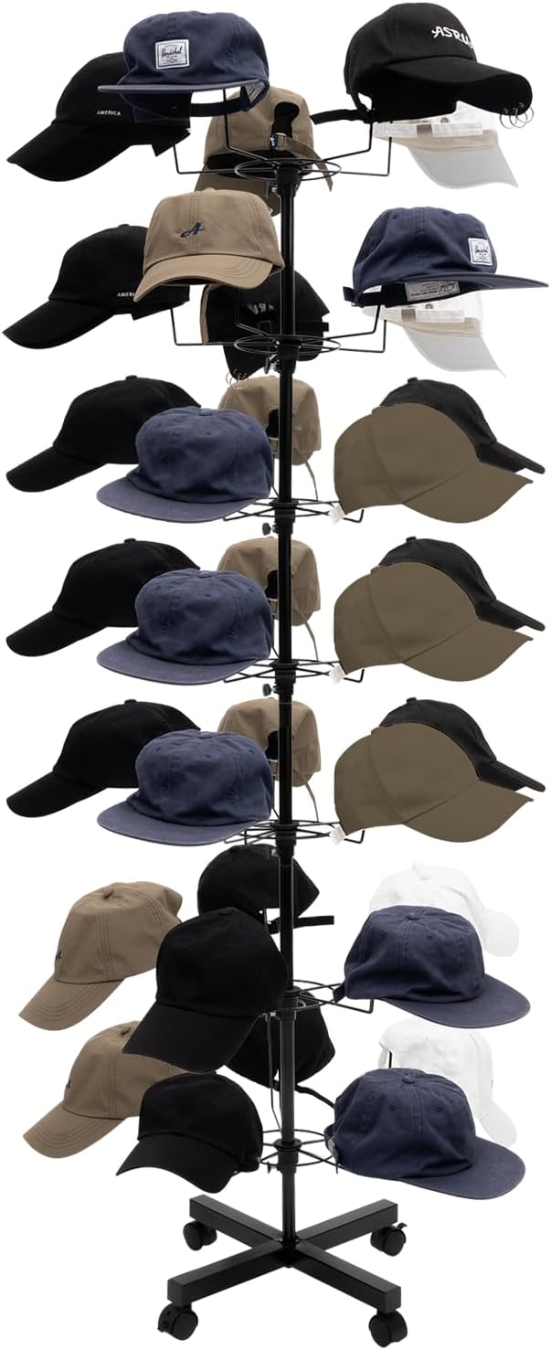 7-Tier Freestanding Hat Rack, 35 Hooks Rotating Hat Display Stand with Wheels, Black Metal Hat Holder Organizer for Retail Stores, Home, Hotels Use