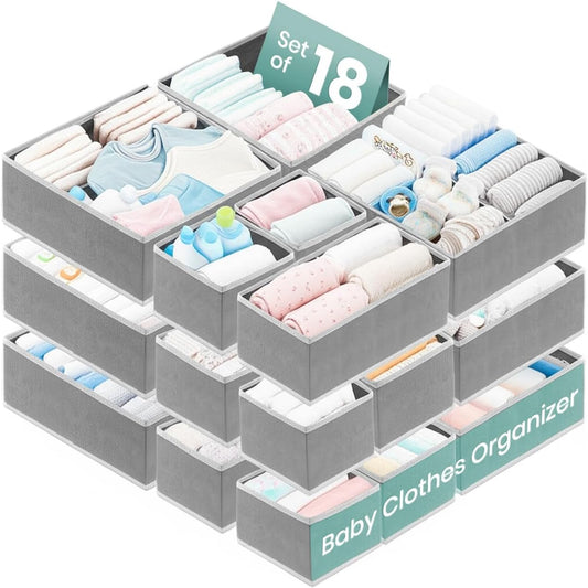 RFAQK 18 Pack Drawer Organizer Clothes-3 Sizes Dresser Organizer for Underwear Closet, Baby Clothes Organizer for Wardrobe-Foldable Fabric Drawer Dividers for Bedroom,Lingerie,Undies,Bra-Grey