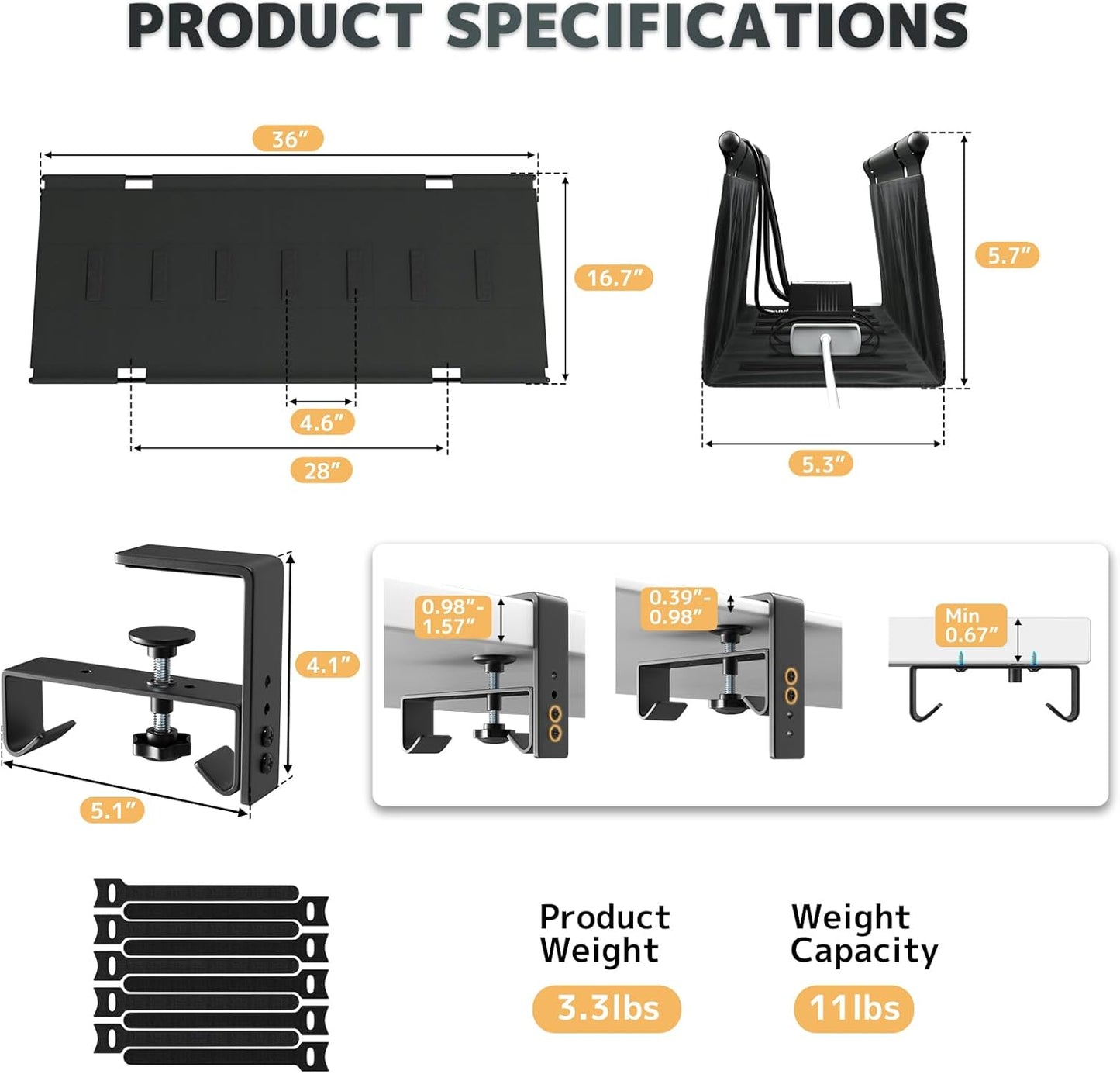 No Drill Under Desk Cable Management Tray - 36" Clamp/Screw Desk Cord Management, Premium Fabric Cable Racyway for Office & Home
