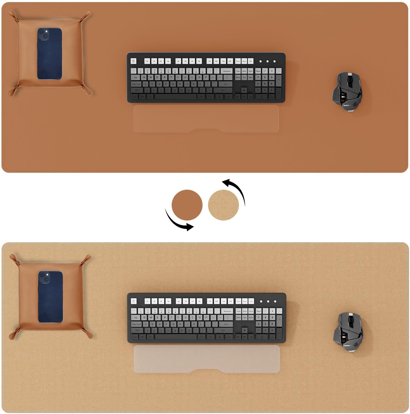 DAWNTREES Dual Sided Desk Mat,Leather Desk Pad,Brown Cork Desk Mat Protector,with PU Leather Valet Tray Organizer,Large Mouse Pad,Desk Writing Pad for Office and Home(31.5"x15.8")