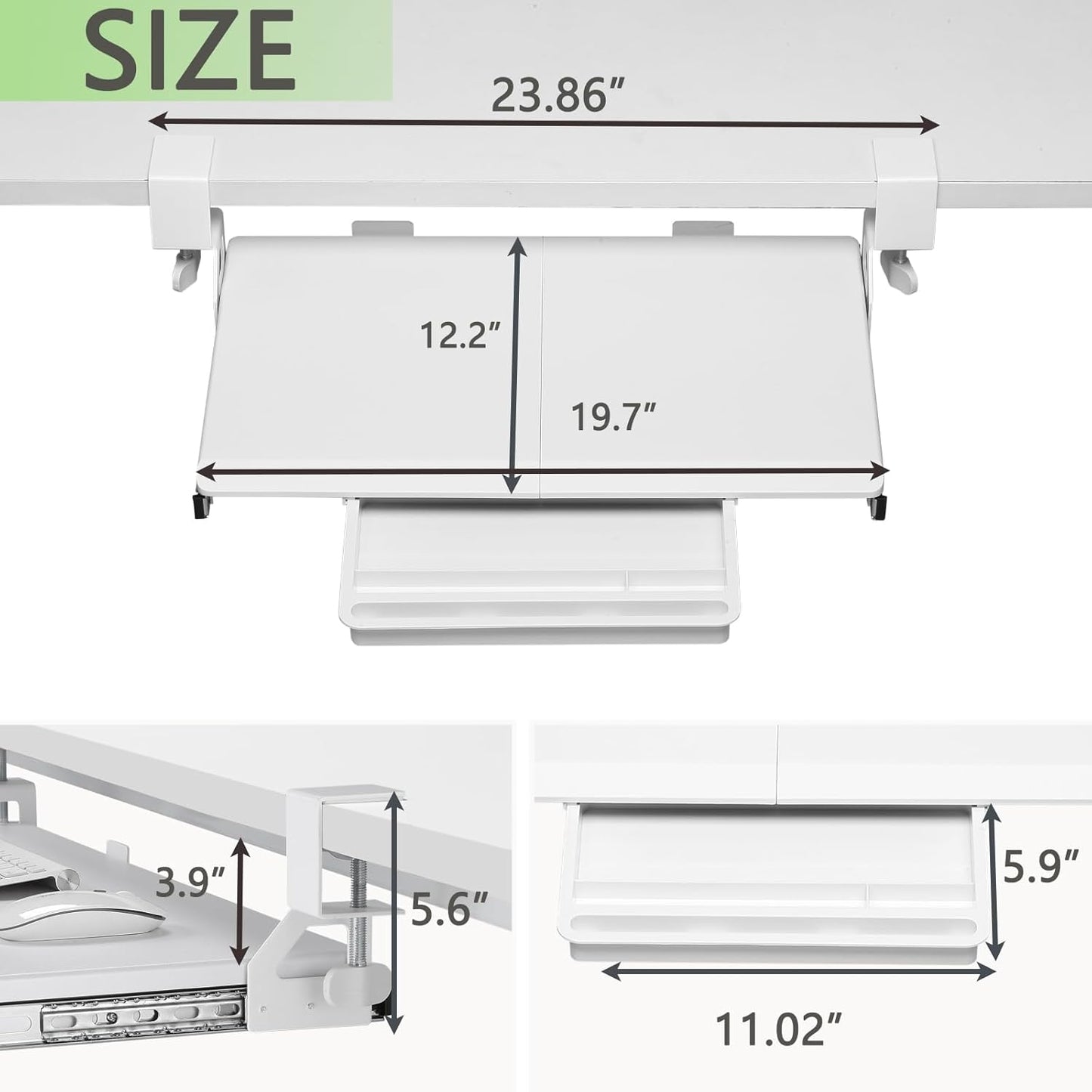 ETHU Keyboard Tray Under Desk, 19.7" X 12.2" Small Size C Clamp Keyboard Drawer Under Desk, Computer Keyboard Stand Slide Pull Out, Ergonomic Keyboard Tray for Home, Office(White)