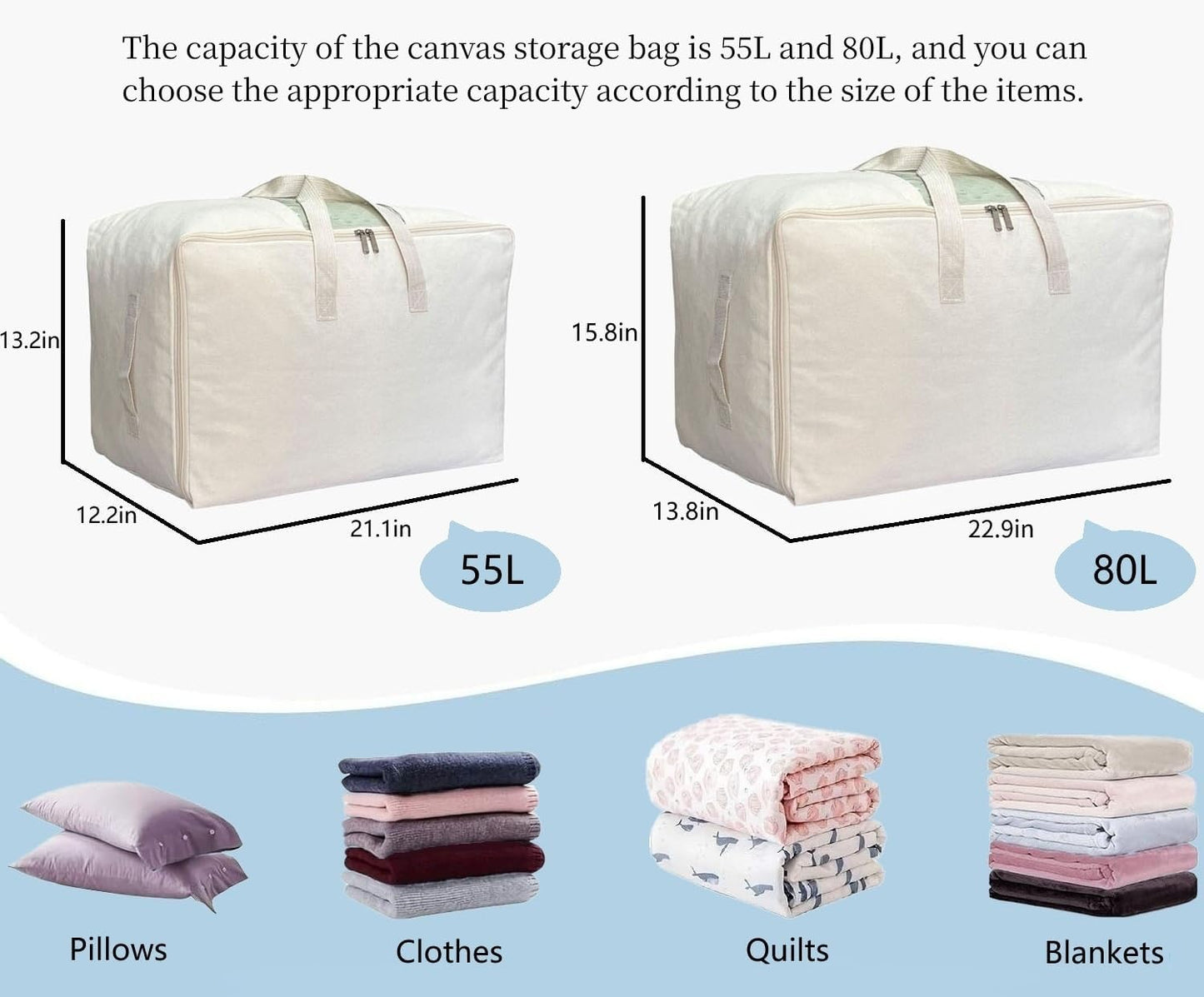Soft Canvas Clothes Storage Bags with Four Carrying Handles and Clear Window, Closet Organizer for Clothing, Blankets Sheets Pillows and Bedding, 55L, 3 Pack, White