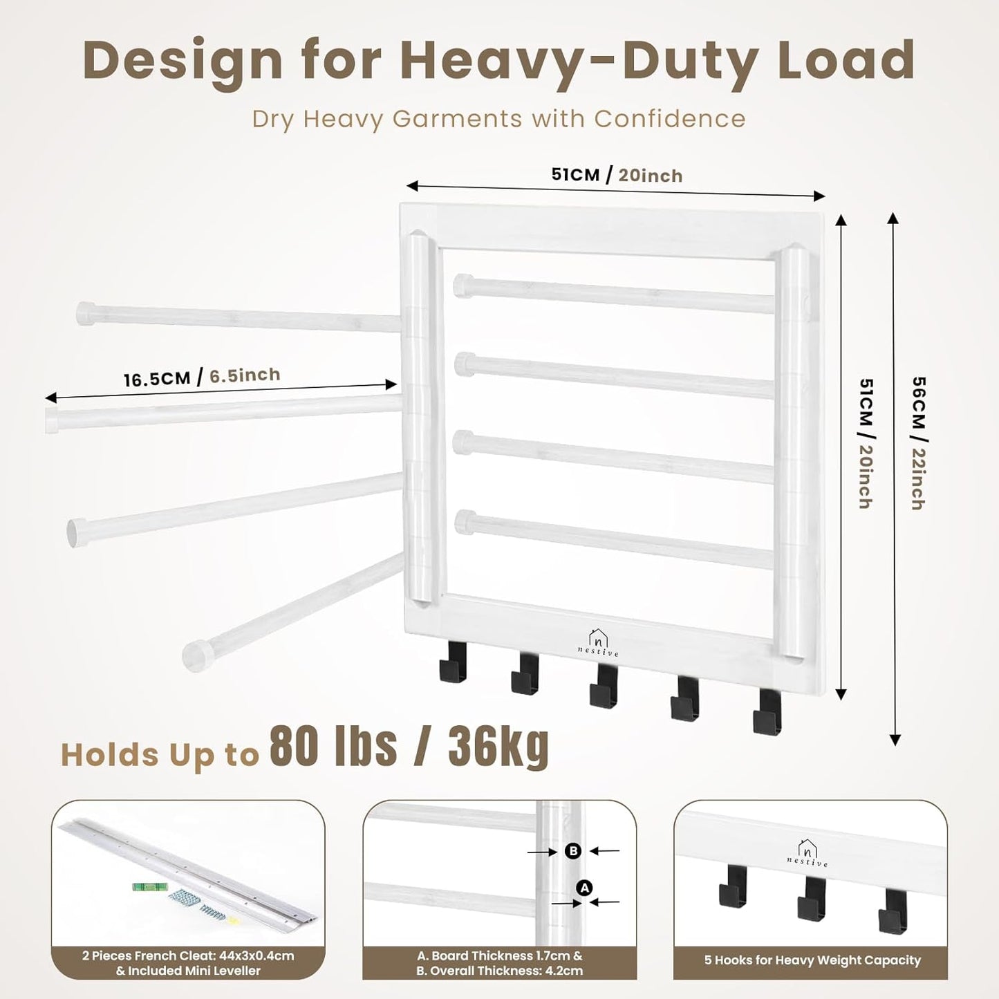 Bamboo Wall Mount Drying Rack for Laundry – Collapsible Foldable Clothes Dryer with 8 Arms & 5 Hooks, Space-Saving Laundry Hanger Dryer Rack, 20 Inch, 80 lb Capacity (White)