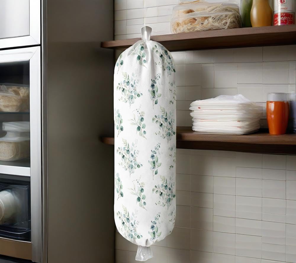 Plastic Bag Holder Wall Mount Grocery Bag Holder for Plastic Bags Organizer for Kitchen,Cute Cat Home Kitchen Decor Gifts for Women(Eucalyptus Leaves)