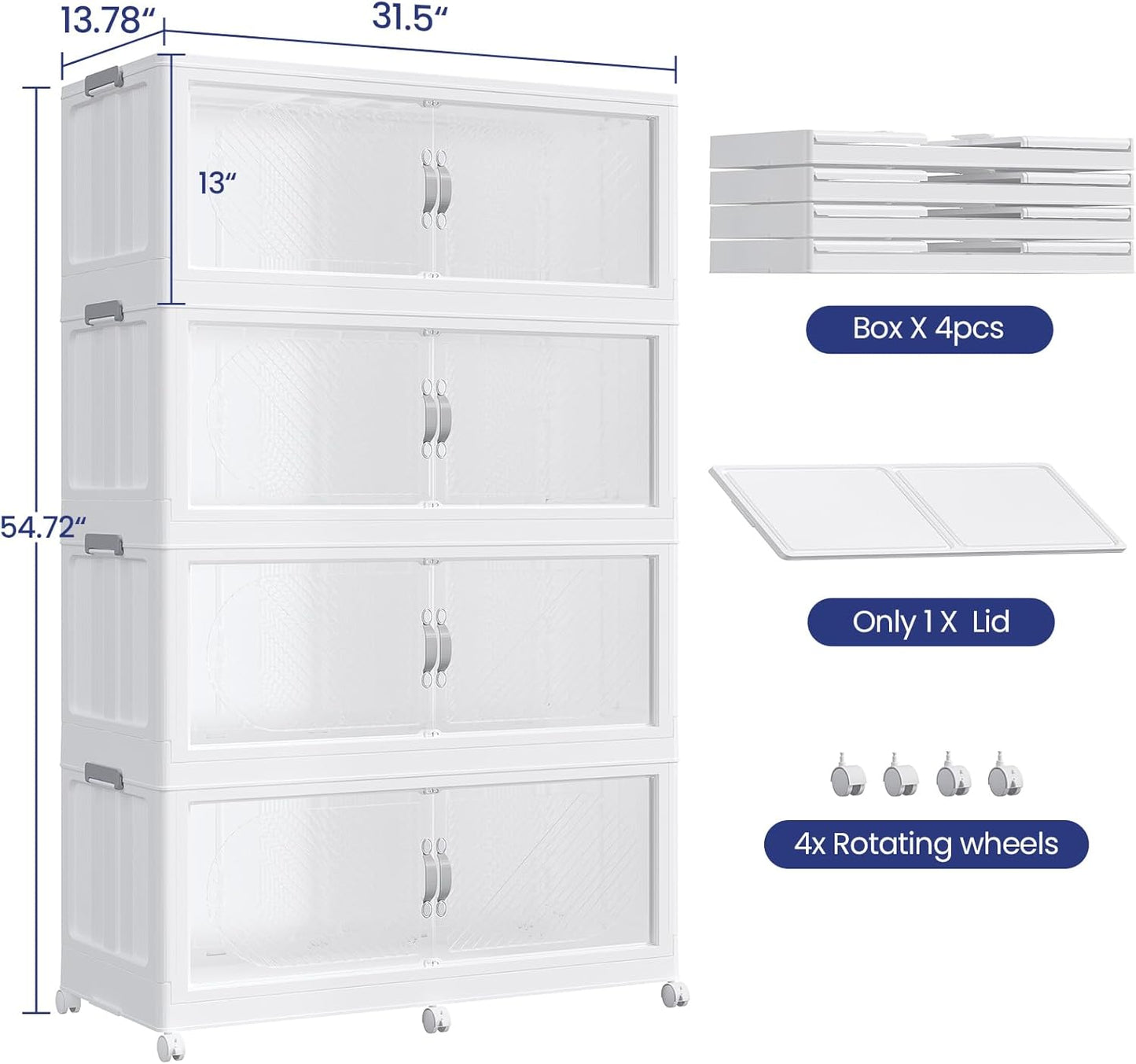 640QT Extra Large Stackable Storage Bins with Lid & Wheels & Doors, 160Gal Foldable Collapsible Closet Organizers, Plastic Cabinet Box Container Drawer for Home Kitchen Bedroom, 4Pack White