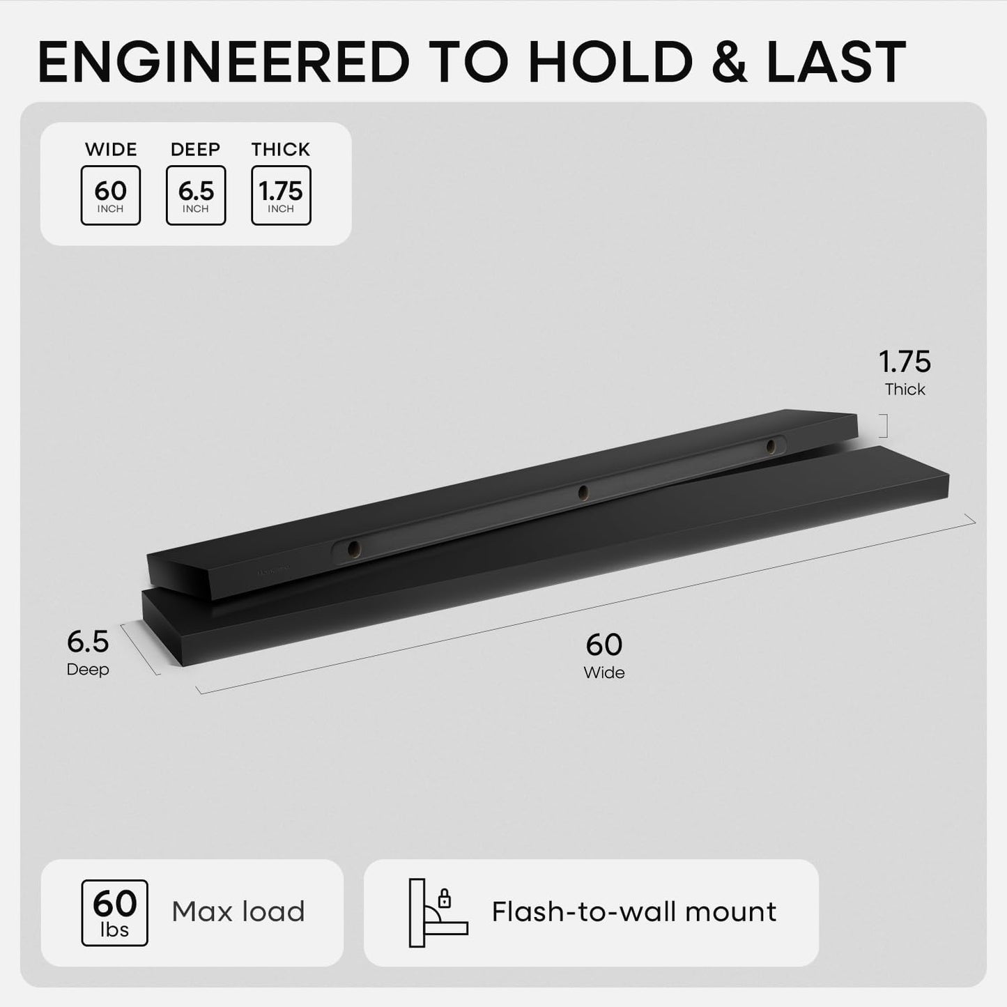 Homeforia Floating Black Shelf 60 inch, High End Solid Real Wood 60 inches Long Floating Shelves for Wall, Black Wooden 60inch Large Floating Shelves, Heavy Duty Bracket, 60 X 6.5 X 1.75 in, Set of 3