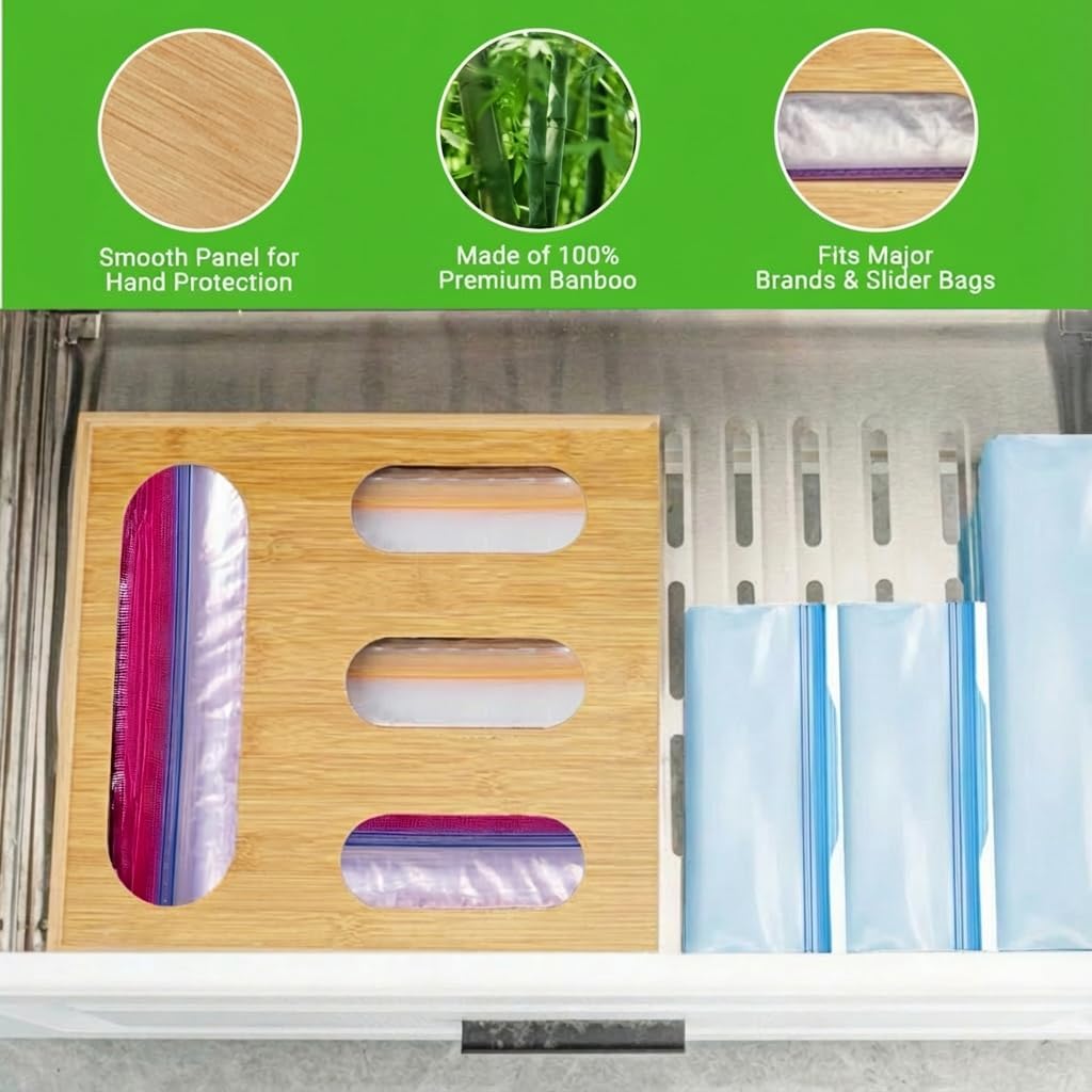 Storage Bag Organizer, Bamboo Ziplock Holder Baggie Organizer for Drawer and Wall Mount, Compatible with Gallon, Quart, Sandwich, Snack,DessertSize Bag (2)