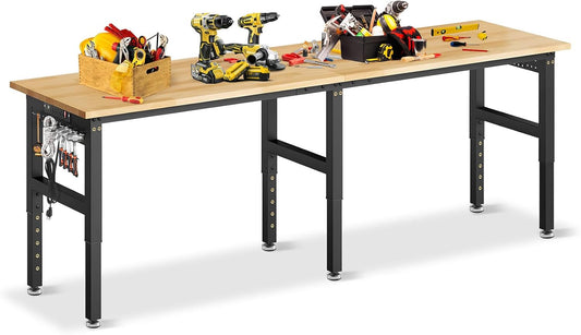 96” Heavy Duty Workbench, 5000 LBS Capacity Adjustable Work Bench with Pegboard and Power Outlet, Rubber Wood Work Table for Garage, Office, Workshop, Home