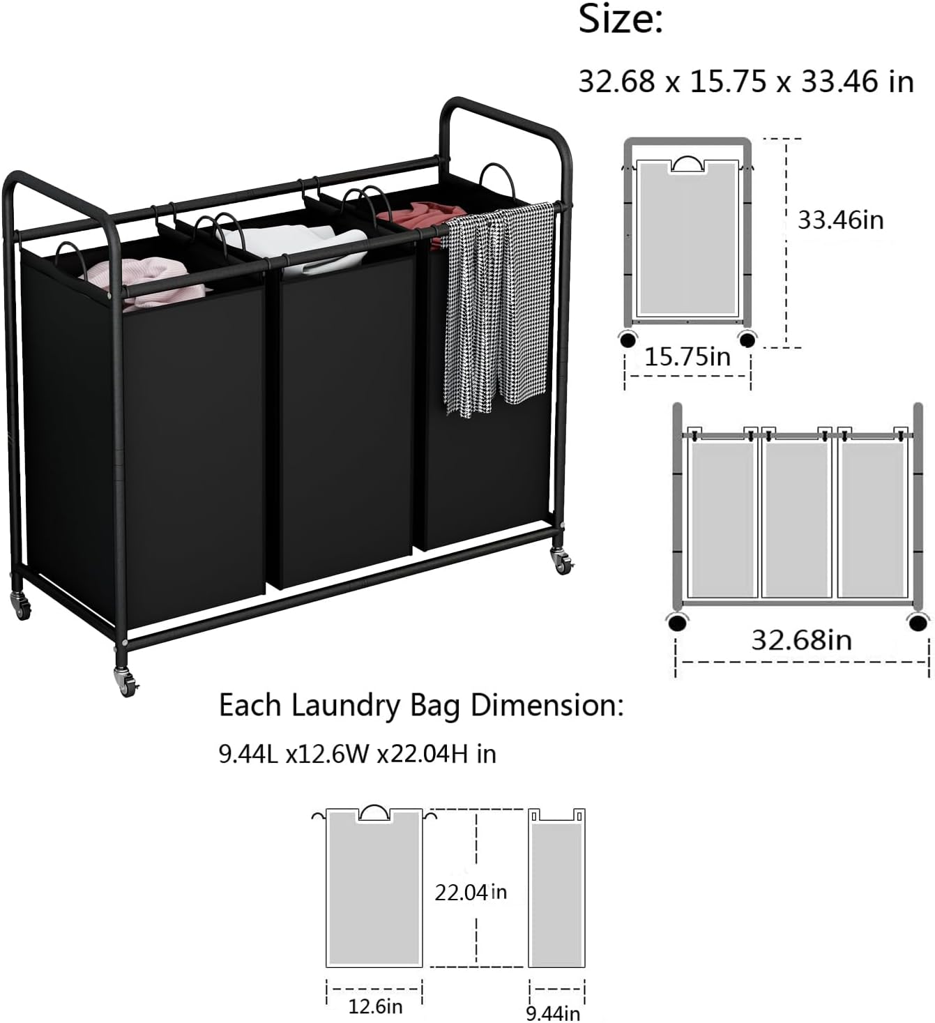LINZINAR 3-Bag Laundry Basket Hamper Laundry Sorter Cart laundry room organization with Heavy Duty Rolling Lockable Wheels and Removable Bags (Black)