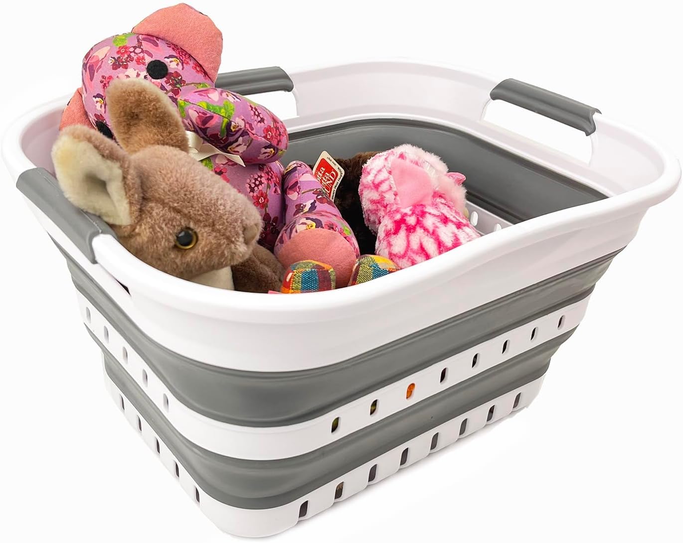 SAMMART Collapsible Plastic Rectangular Laundry Basket - Foldable Pop Up Storage Container/Organizer - Portable Laundry Hamper - Space Saving (White/Steel Grey, 19L)