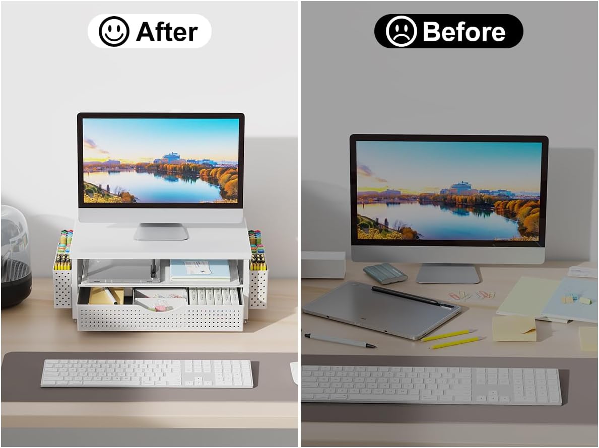 gianotter Wood Monitor Stand Riser, Office Desk Shelf Organizer, Desk Organizer with Drawer and Pen Holder, 2-Tier Computer Stand, Office Organization (Matte White)