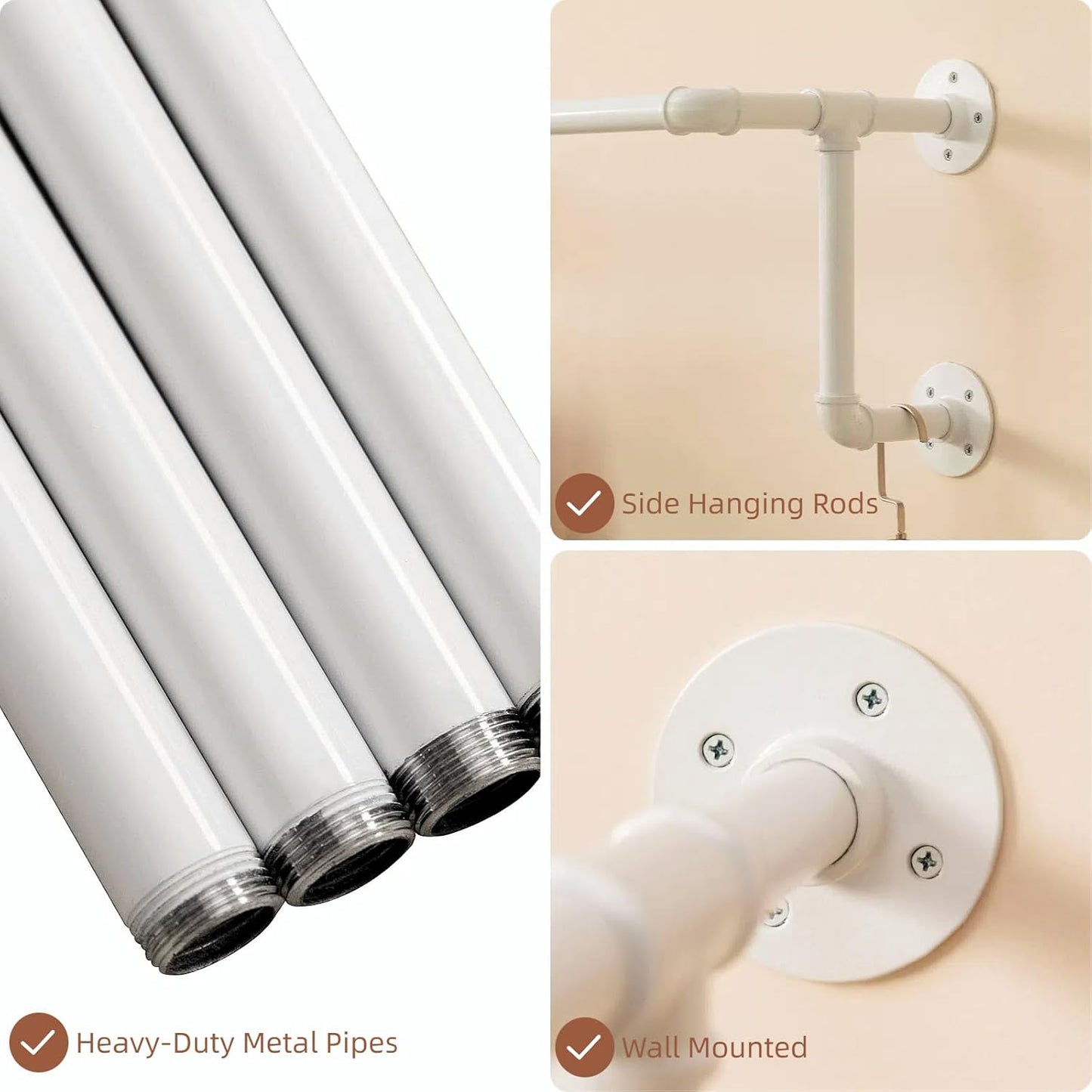 Clothes Racks, Industrial Pipe Clothing Racks for Hanging Clothes, Wall Mounted Heavy Duty Space Saving Garment Racks, Multi-Purpose Clothing Hanging Rods for Closet Storage, White, 2Pcs