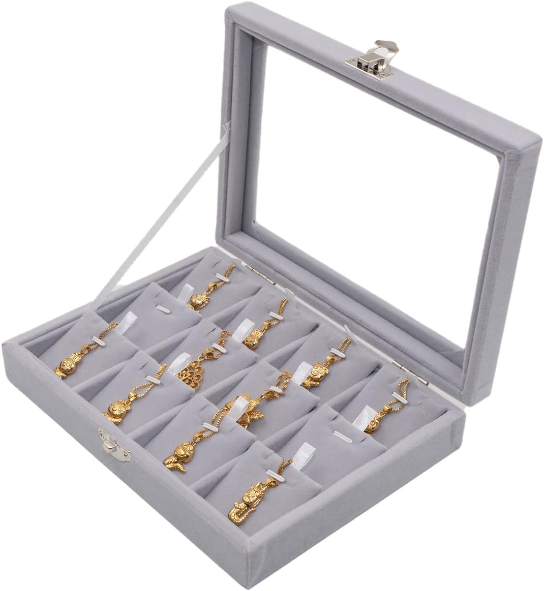 Jewelry Box Necklace Organizer Tray, Grey Necklace Display Case for Storage Jewelry Small Necklaces Display Stand 12 Slot Pendant Holder for Women