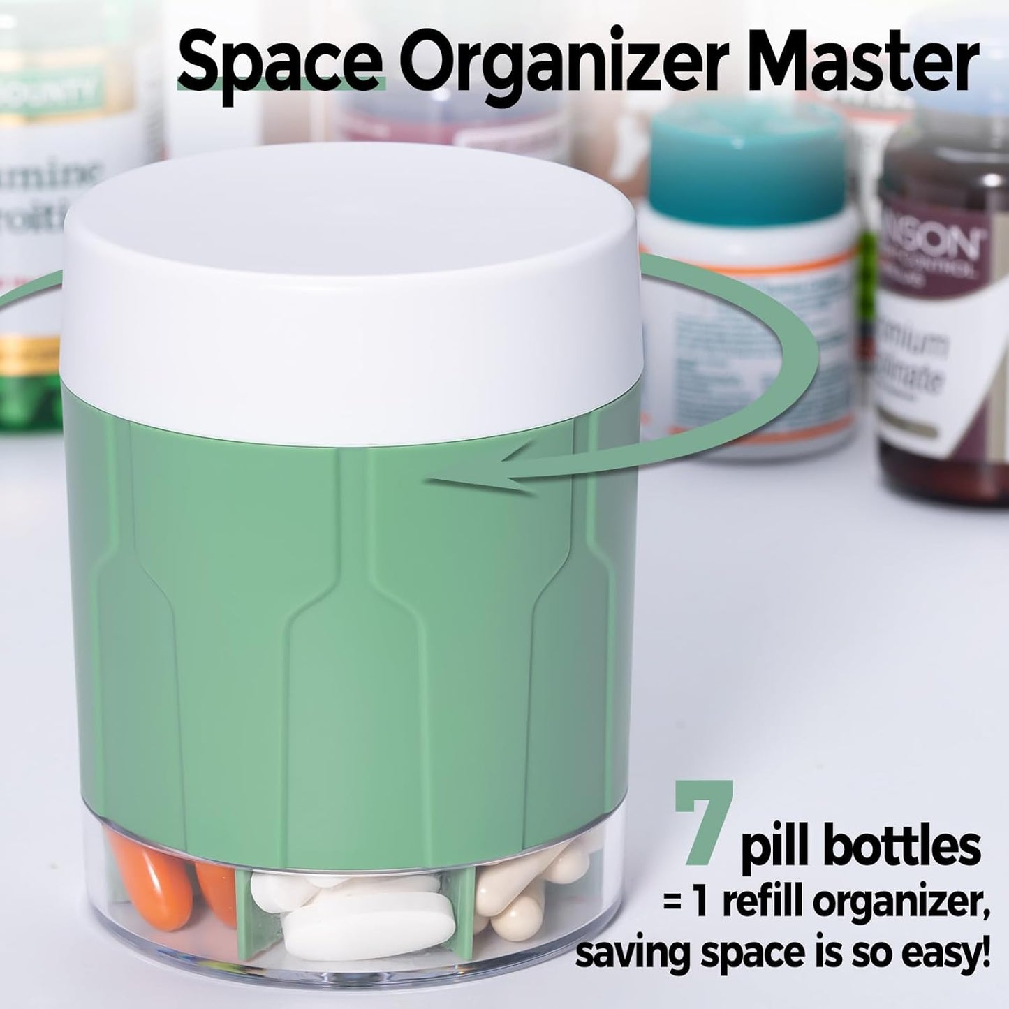 Betife Extra Large Supplement Organizer,Weekly Pill Organizer Bottle, Daily Pill Dispenser with 7 Large Compartments, Organizer to Hold 7 Day Vitamin Medication,21 Labels and a Cleaning Brush（Green）