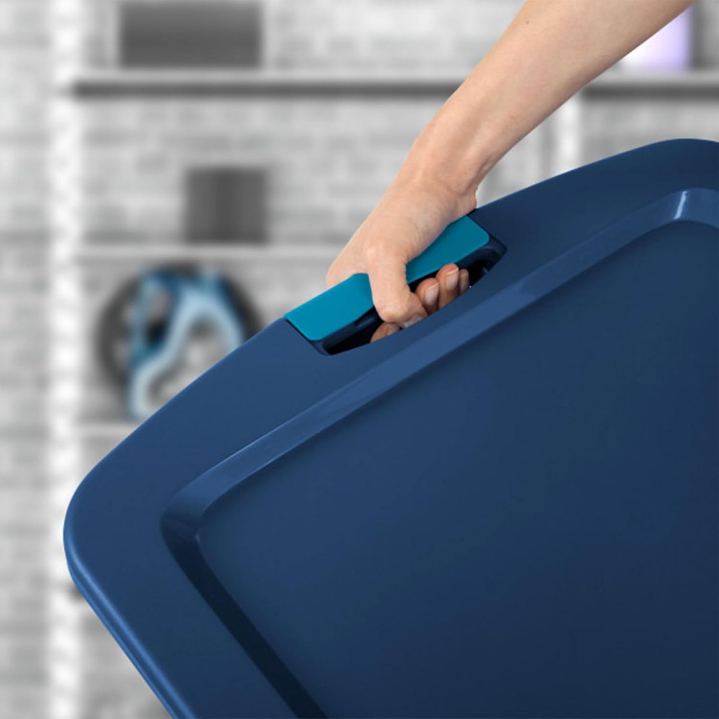 Sterilite 18 Gal Latch and Carry, Stackable Storage Bin with Latching Lid, Plastic Container to Organize Closets, Clear with Blue Lid, 6-Pack