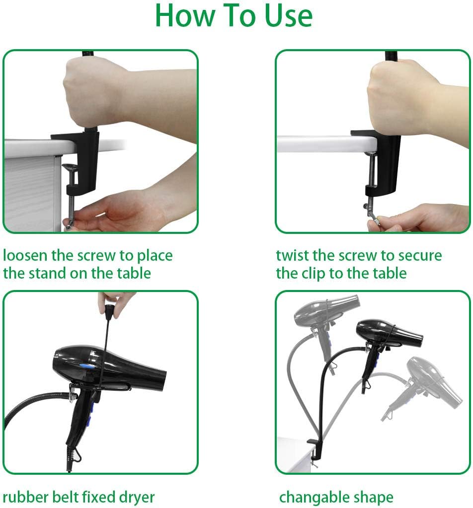 LUEXBOX Hands Free Blow Dryer Holder, Stainless Steel Hair Dryer Stand Clamp Mount for Countertop, Adjustable Hair Dryer Holder for Dog Grooming Table Arm with Clamp (Black)