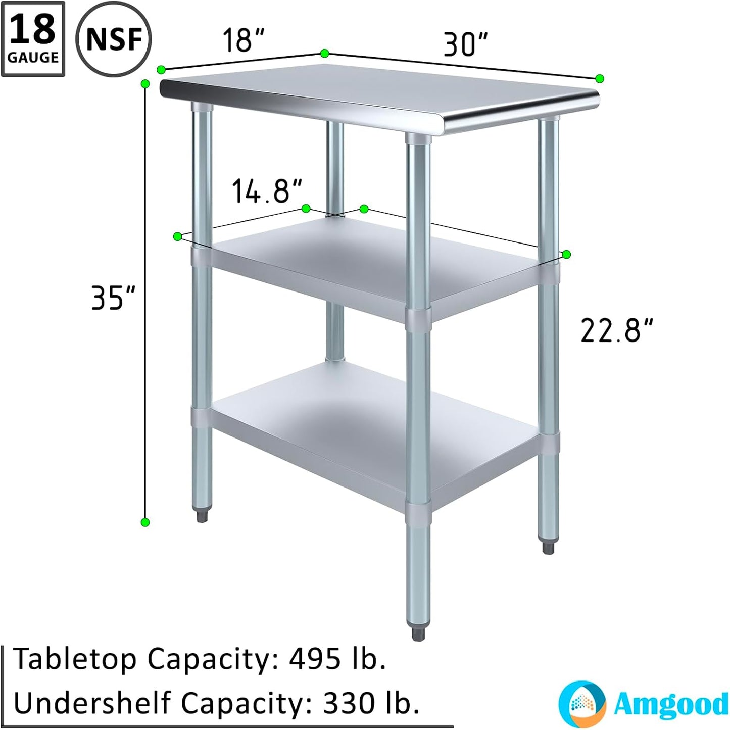 AmGood Stainless Steel Work Table with 2 Shelves | NSF | Metal Utility Table (18" Long x 30" Deep)