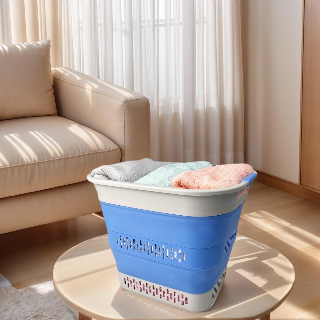 SAMMART 40L (10.5 Gallon) Collapsible Plastic Laundry Basket - Foldable Pop Up Storage Container/Organizer - Portable Laundry Hamper - Space Saving (1, Grey/Little Boy Blue)