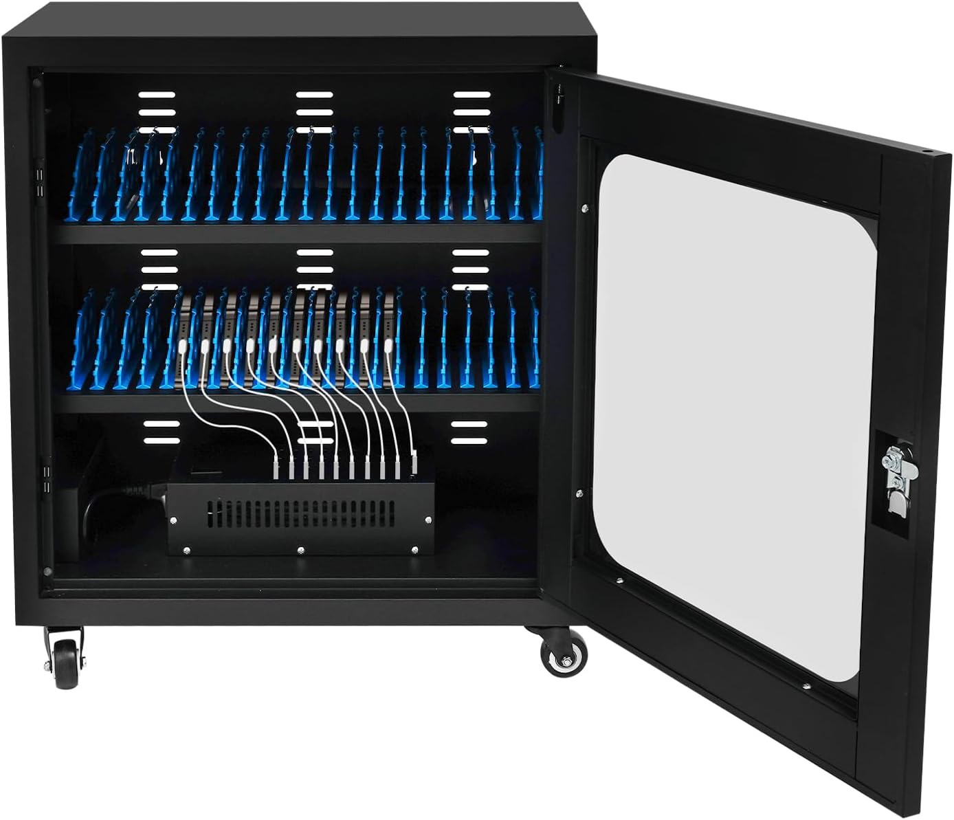40-Slot Cell Phone Charging Station Cabinet with USB, 400W High-Power Portable Mobile Charging Locker with Wheels & Lockable Tempered Glass Door (Black)