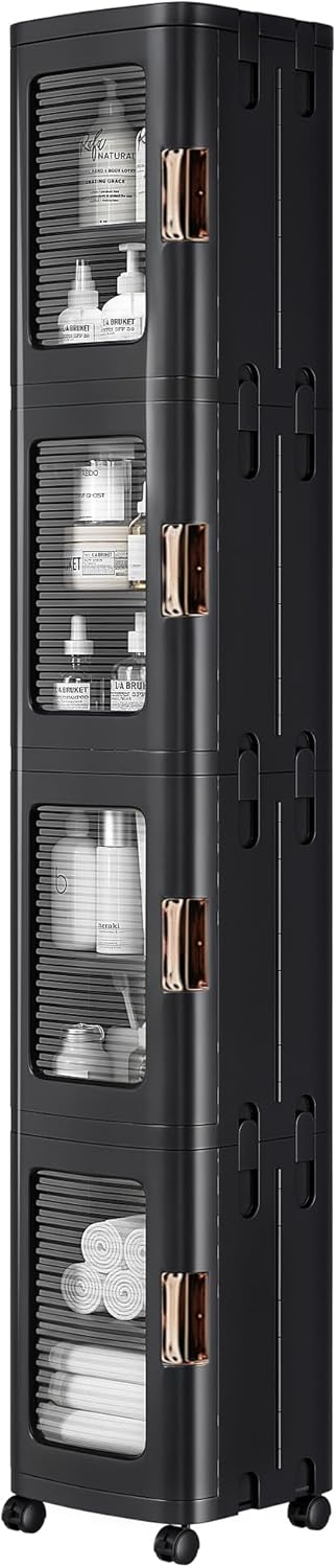 VECELO 4-Tier Tall Narrow Storage Cabinet with Movable Wheels, Adjustable Shelves, Anti-Tip, Slim, for Small Space, Bathroom, Kitchen, Laundry, Black