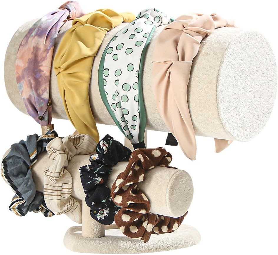 Coward Multi-use Headband Holder Stand, Scrunchie Hairband Organize Rack, Two Layer Bracelet Jewelry Display Holder Stand for Women Girls (Ice Beige velvet)