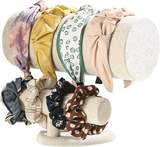 Coward Multi-use Headband Holder Stand, Scrunchie Hairband Organize Rack, Two Layer Bracelet Jewelry Display Holder Stand for Women Girls (Ice Beige velvet)