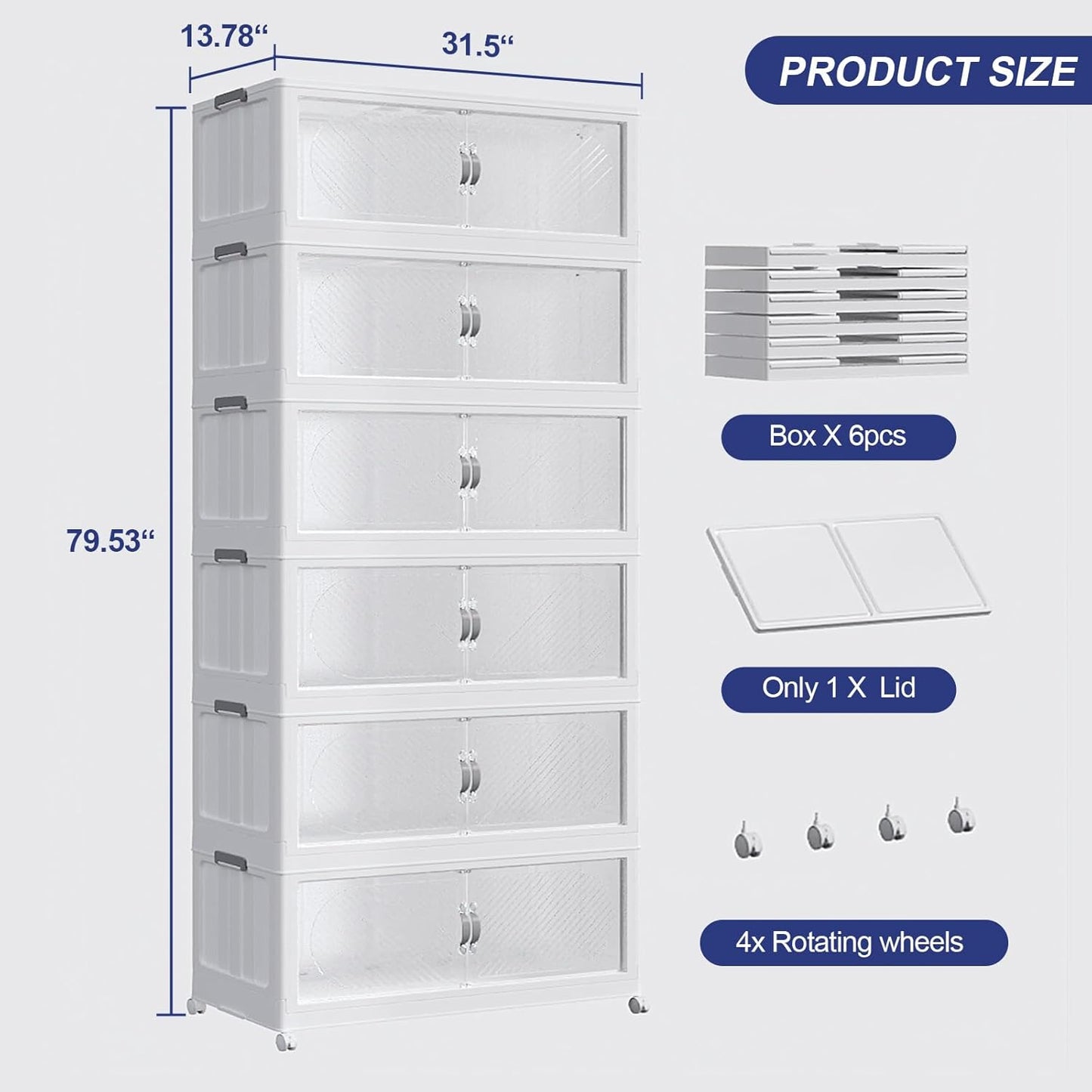 960QT Extra Large Stackable Storage Bins with Lid & Wheels & Doors, 240Gal Foldable Collapsible Closet Organizers, Plastic Cabinet Box Container Drawer for Home Kitchen Bedroom, 6Pack White