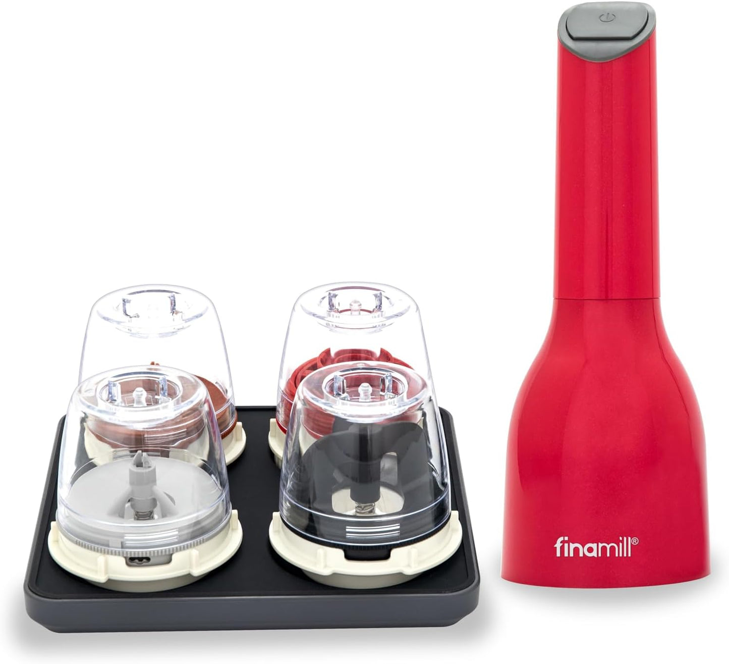 FinaMill Ultimate Gift Set – Battery Operated Spice Mill with 4 Interchangeable Spice Pods & Slate Quartet Stackable Tray, Adjustable Coarseness, Ceramic Grinder, LED Light, Kitchen Gifts for Women