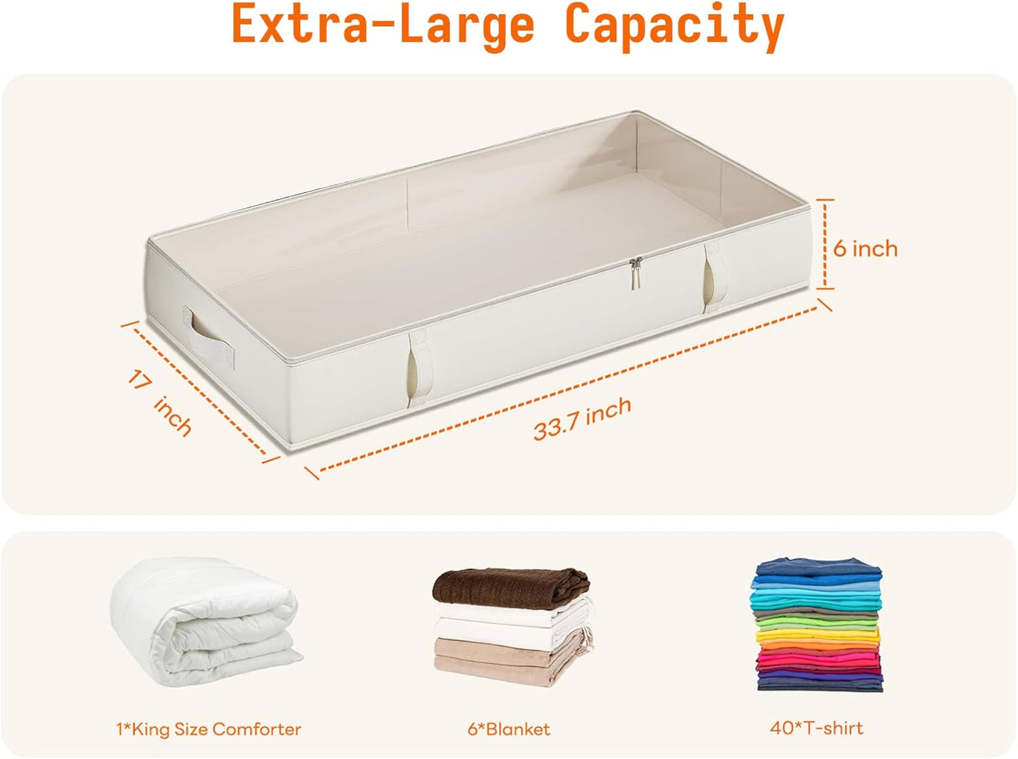 Vailando Storage Containers, 6 Inches Tall 60L Underbed Storage Bins with Sturdy Handles and Sidewalls, Closet Organizer for Clothes, Blankets, Seasonal Items, Beige, 2-Pack