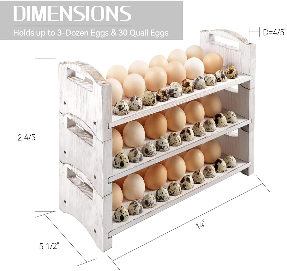 Wooden Egg Holder 3 Layer Fresh Egg Rack Holders Countertop Stackable Quail Egg Sorter Storage Trays Organizer Display Stand Kitchen Rack, Fits Duck, Turkey, Chicken Eggs,up to 36 Eggs, 3 Tier-White