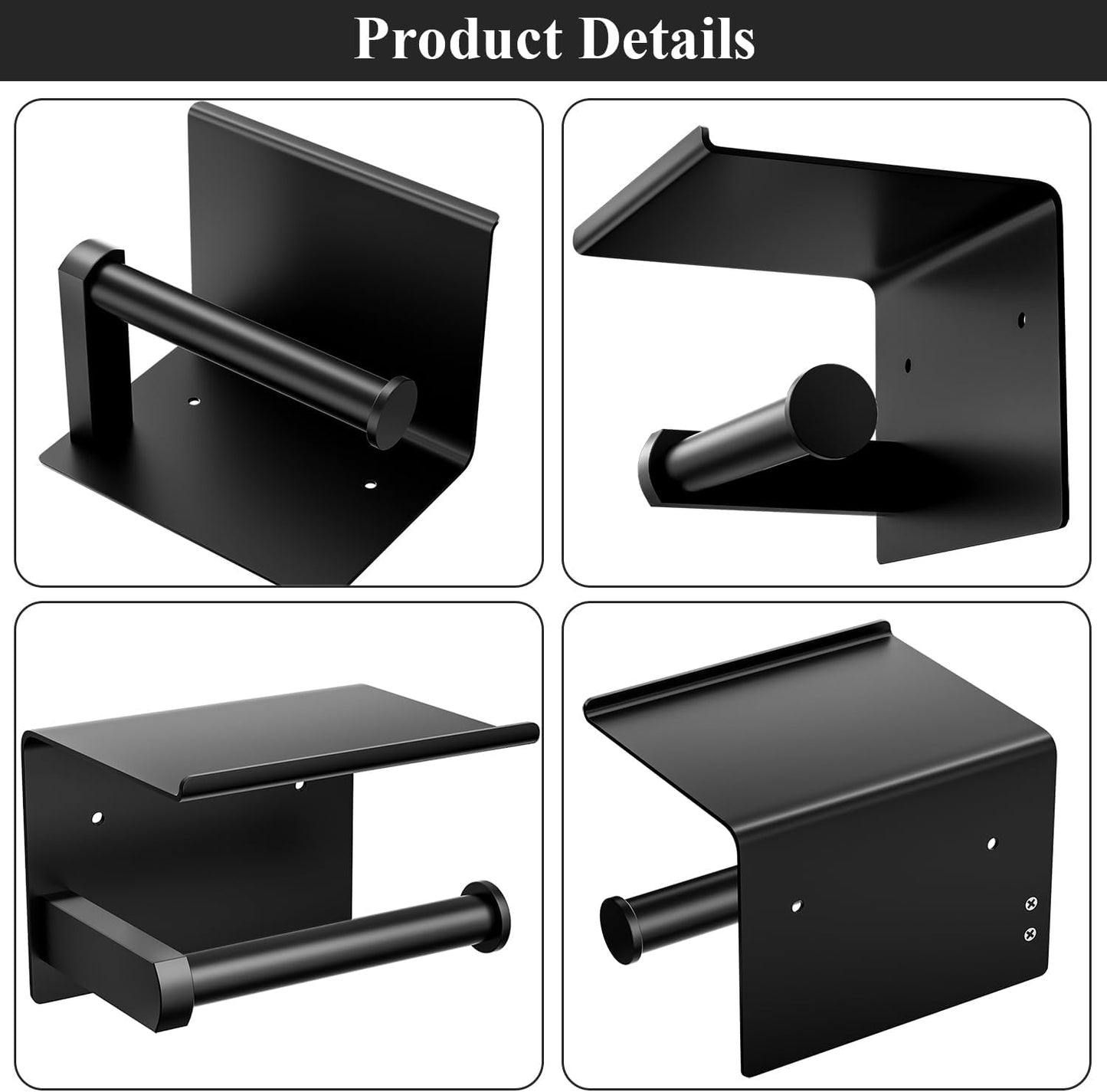 Tindbea Toilet Paper Holder with Phone Shelf, Adhesive or Screw Wall Mount Toilet Tissue Roll Holder, Rustproof & Multifunctional Stainless Steel Bathroom Storage Dispenser (Matte Black)
