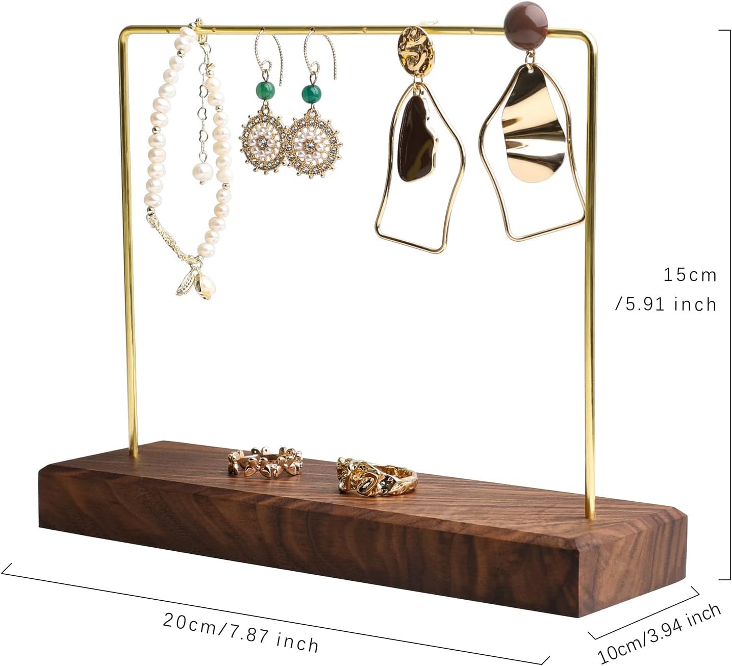 GemeShou Walnut Earring holder for selling, Brass earring stands and displays for show, Wood Jewelry Storage hanging shelf for Girl Woman【Walnut U Shelf Height 5.91"-Small】