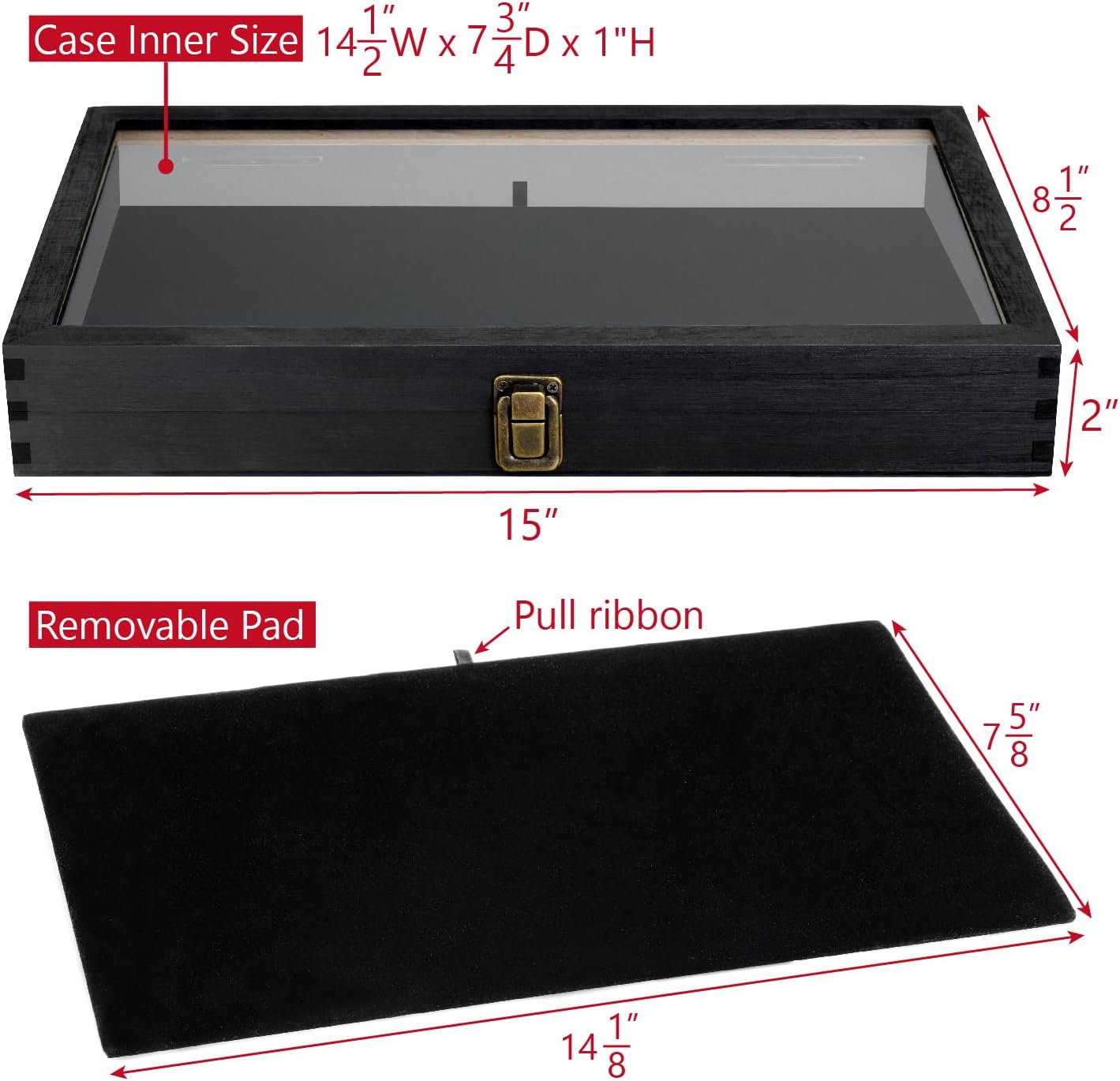 MOOCA 2 Pcs Wooden Jewelry Display Case, Pocket Knife Display Case with Tempered Glass Top Lid and Removable Black Luxurious MDF Velvet Jewelry Pad, Black Color