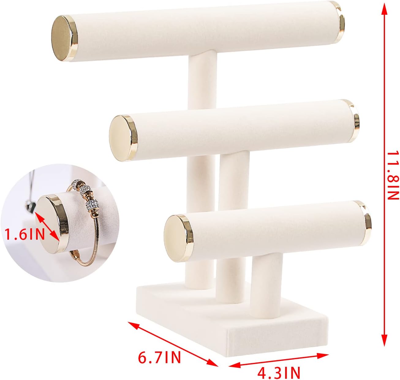 3 Tier Bracelet Holder,Bracelet Display Stand with Metal Cap,Beige White Velvet Jewelry Organizer Displays for Necklace Scrunchies Watches Hair Ties.
