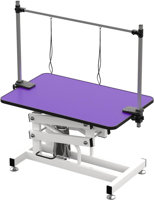 Hydraulic Dog Pet Grooming Table, 42 Inch Heavy Duty Z Lift Structure Professional Dog Grooming Table Suitable for Large Dogs at Home with Adjustable Overhead Arms, Clamps and 2 Grooming Noose, Purple