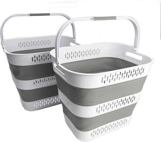 SAMMART 40L (10.5 Gallon) Collapsible Plastic Laundry Basket with Handles - Foldable Pop Up Storage Container/Organizer - Portable Laundry Hamper - Space Saving (2, White/Grey)